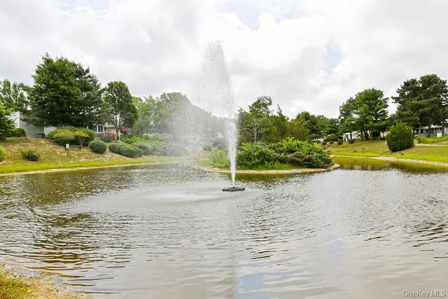 a view of a swimming pool with a yard and lake view in back