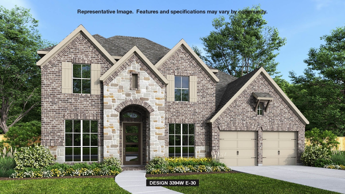 1517 Treasure Map View Leander, TX 78641 - Photo 1 of 1 French country inspired facade featuring brick siding, concrete driveway, roof with shingles, and stone siding