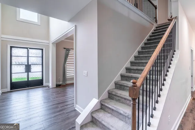 a view of a hallway with workspace