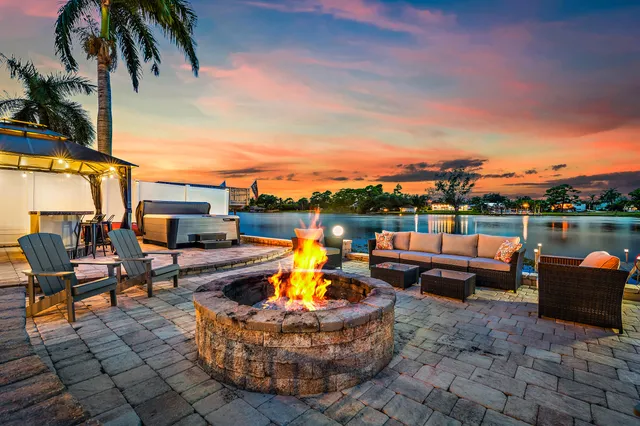 a view of a swimming pool with a garden