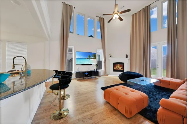 a living room with furniture and a table