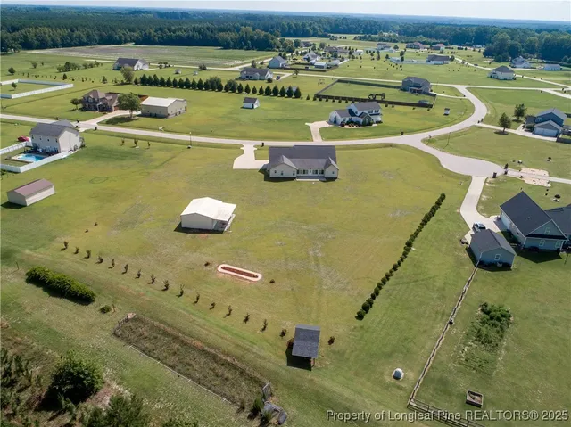 an aerial view of a house with a swimming pool