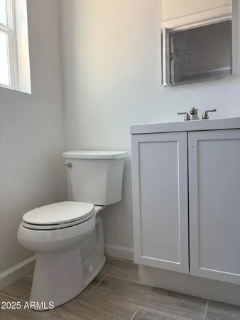 a bathroom with a toilet a sink and mirror