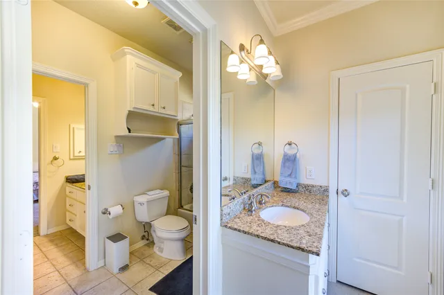 a bathroom with a granite countertop sink a toilet and a shower