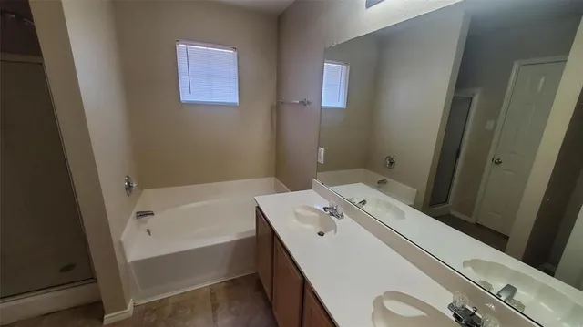 a bathroom with a tub sink and mirror