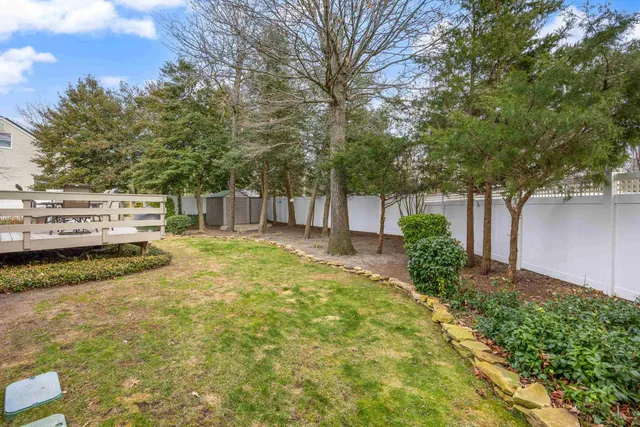a view of a backyard with large trees