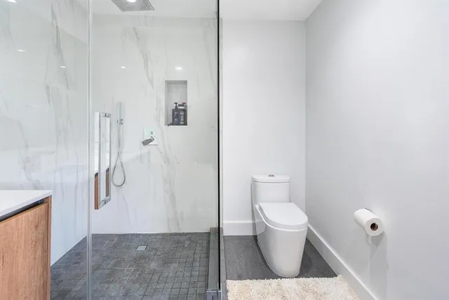 a bathroom with a toilet and a shower