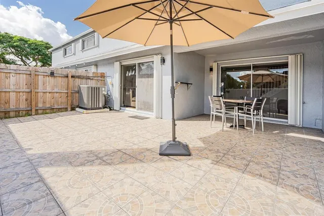 a backyard of a house with table and chairs