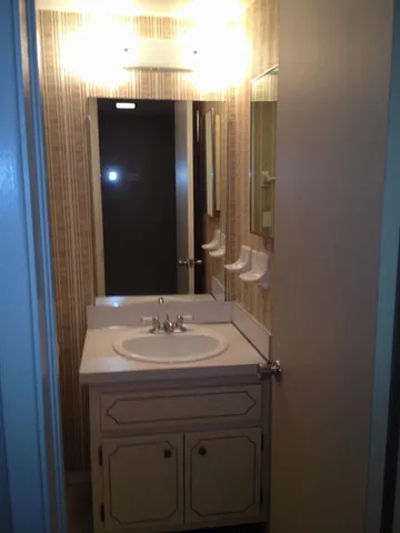 a bathroom with a sink and a mirror