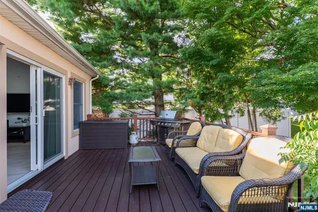 a view of a backyard with potted plants and large trees