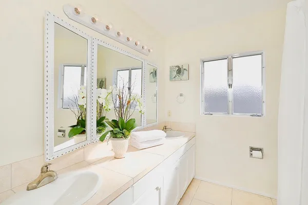 a bathroom with a granite countertop sink a mirror and a shower