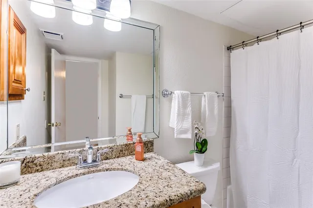 a bathroom with a granite countertop sink a mirror and a shower