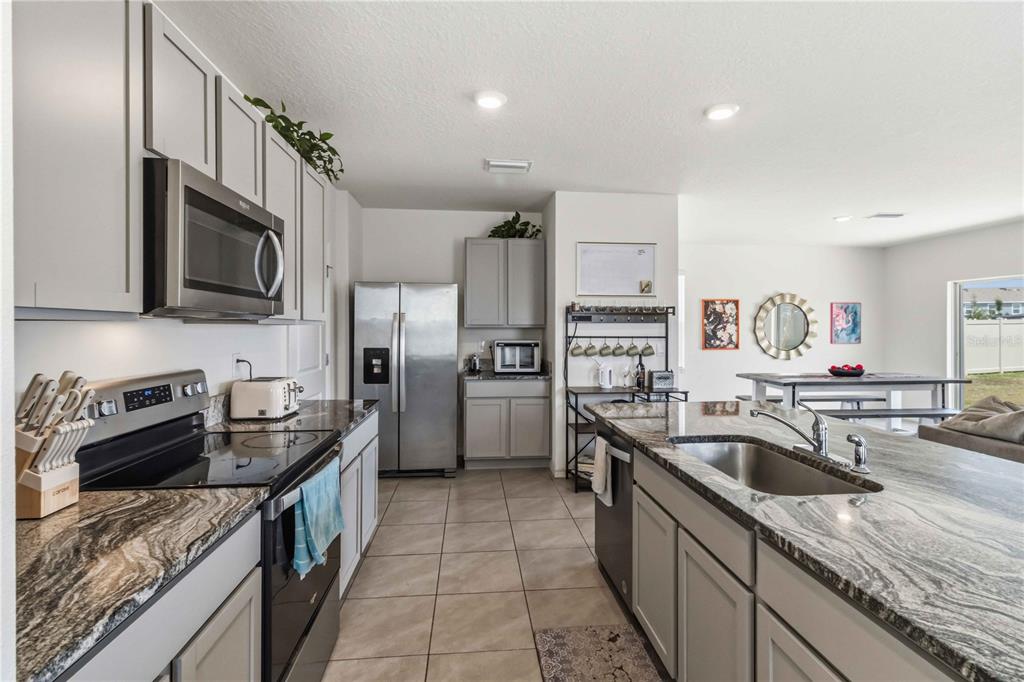 8354 Hardy Bay Loop Wesley Chapel, FL 33545 - Photo 8 of 32 a kitchen with granite countertop stainless steel appliances a sink a counter top space cabinets and stainless steel appliances