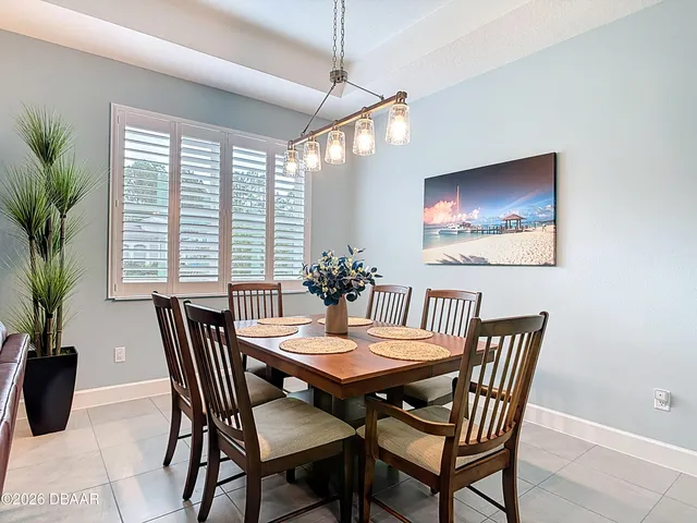 a view of a dining room with furniture window and outside view