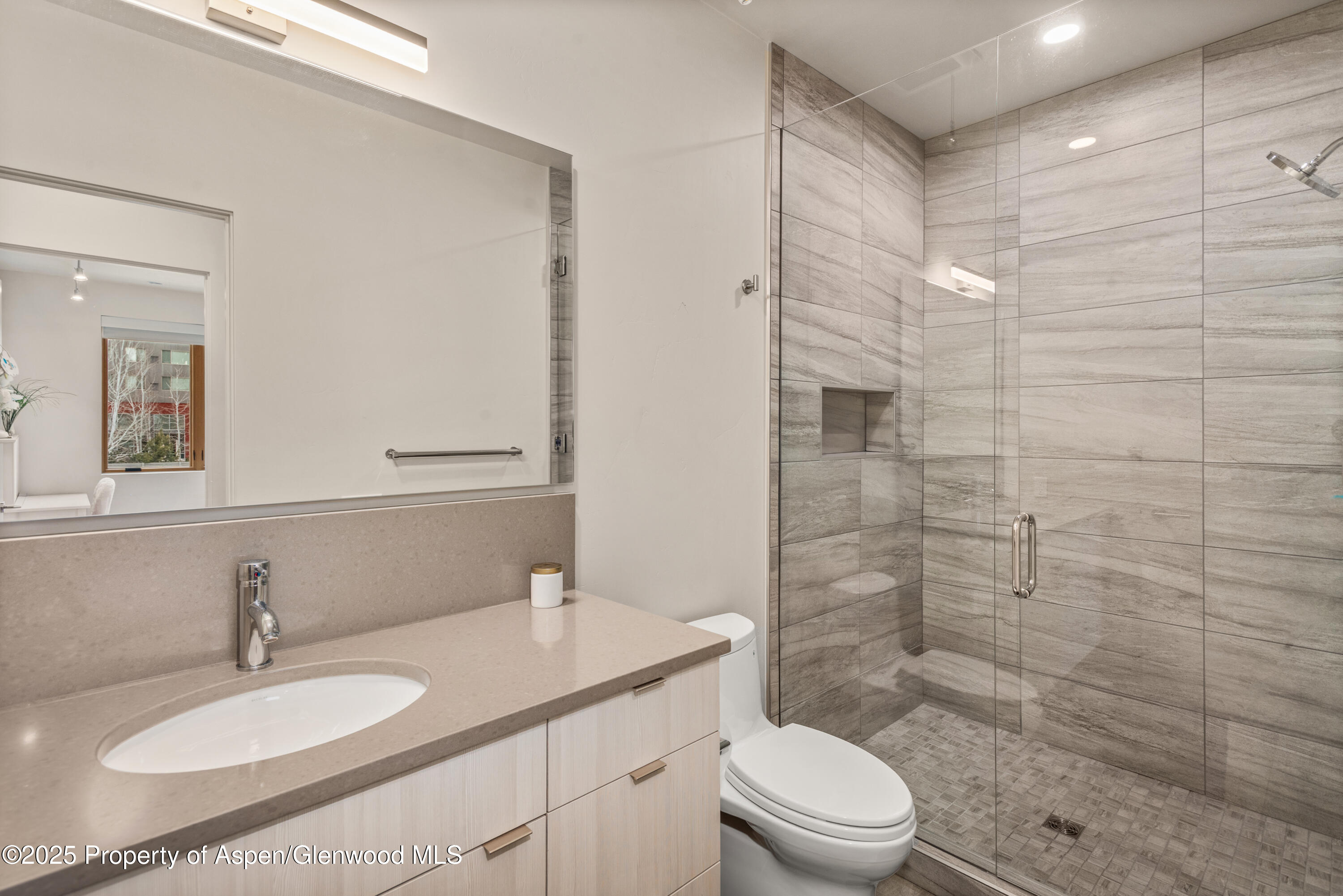 113 Valley Court Basalt, CO 81621 - Photo 25 of 34 a bathroom with a granite countertop sink toilet a mirror and shower