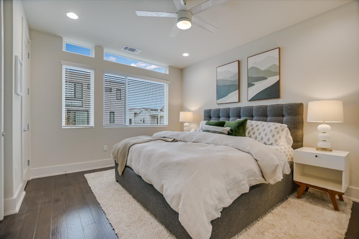 5212 Pink Poppy Pass, Unit 20 Austin, TX 78735 - Photo 11 of 24 Bedroom with hardwood / wood-style floors, ceiling fan, and recessed lighting