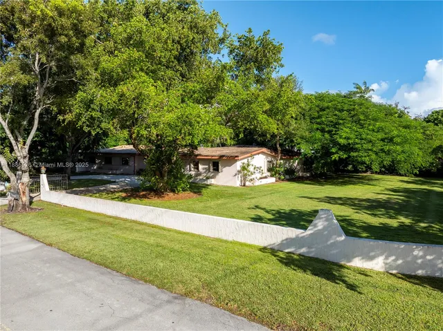 a view of a garden with large trees