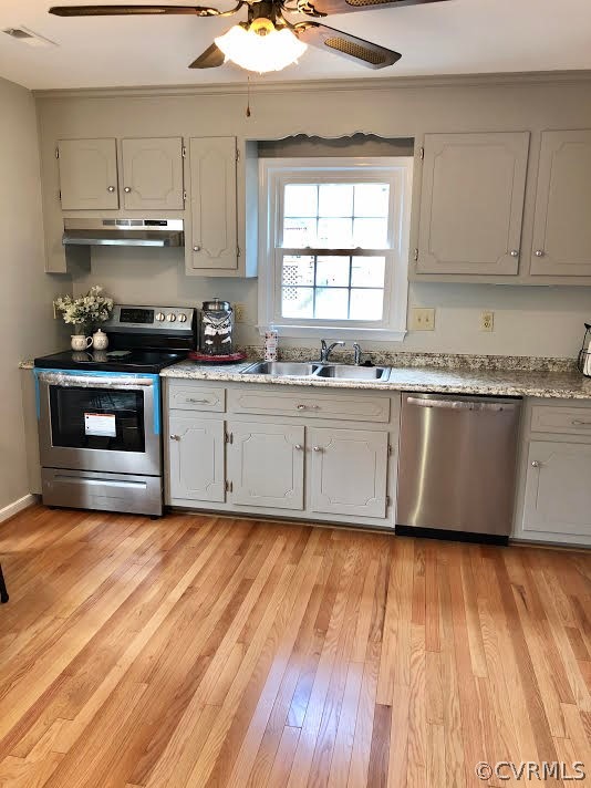 5012 Wilconna Road Chesterfield, VA 23832 - Photo 6 of 14 a kitchen with stainless steel appliances granite countertop a sink a stove a refrigerator with grey cabinets and wooden floor