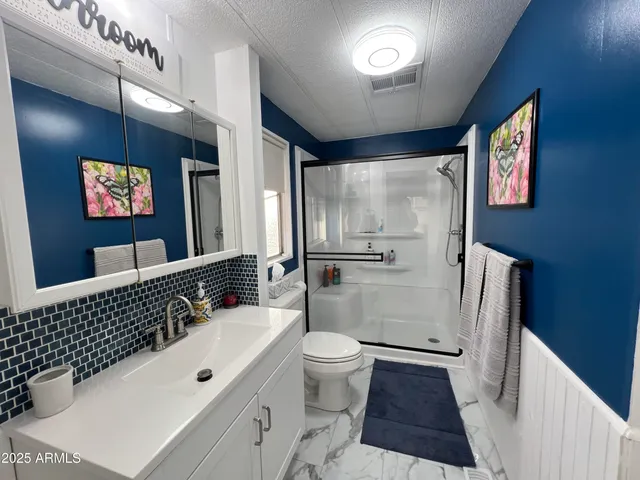 a bathroom with a sink a toilet a mirror and shower