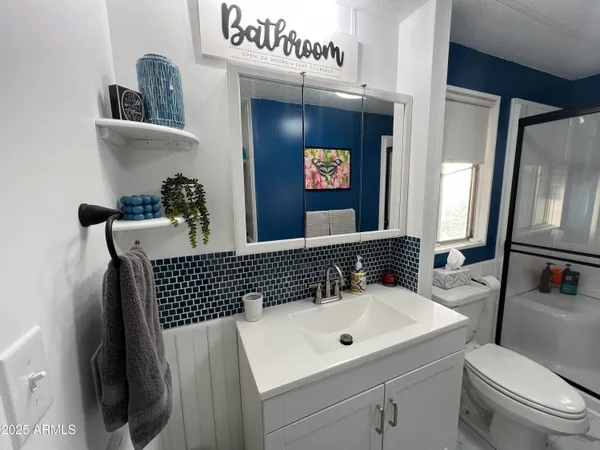 a bathroom with a sink a toilet and a mirror