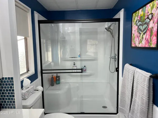 a bathroom with a bathtub and a shower