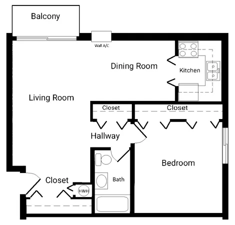 a view of a hallway with wooden floor and a livingroom