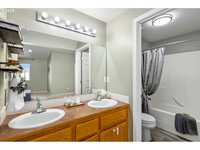 a bathroom with a double vanity sink toilet and a mirror