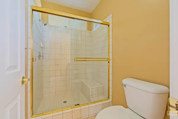 a bathroom with a shower and toilet