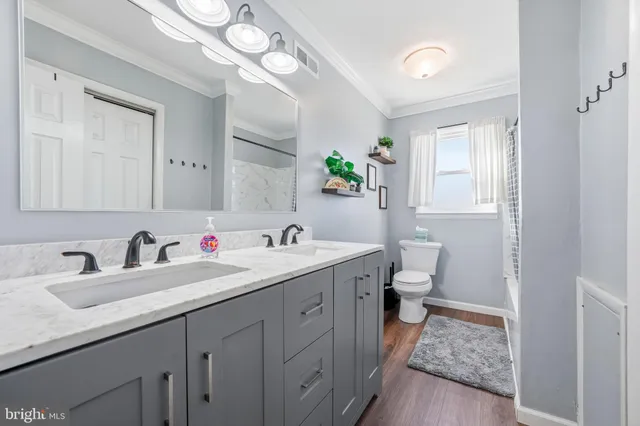 a bathroom with a granite countertop sink a toilet and a mirror