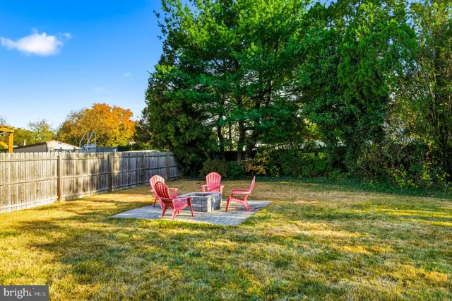 a backyard of a house with table and chairs