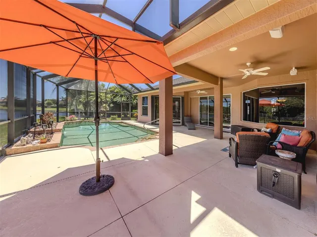 a view of a patio with a tv
