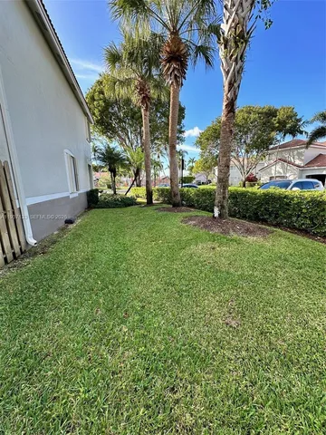 a view of a yard with plants and trees