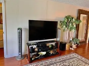 a room with wooden floor and a flat screen tv