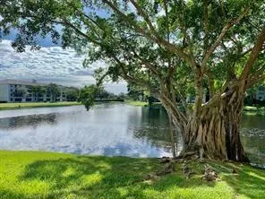 a view of a lake with a yard and large trees