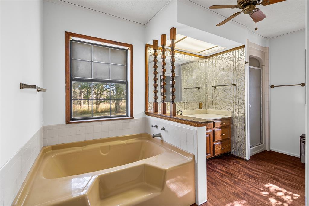3667 Oak Circle Weatherford, TX 76088 - Photo 28 of 35 Bathroom with vanity, a bath, a shower stall, dark wood-style flooring, and a ceiling fan