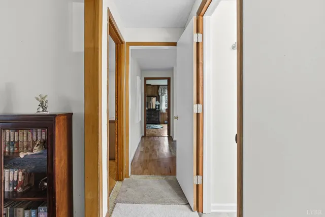 a view of a livingroom from a hallway