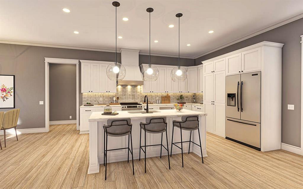 3451 Thatcher Tbd County Road Paradise, TX 76073 - Photo 3 of 20 Kitchen featuring a large eat at island, custom cabinets, quartz or granite countertops, appliances with stainless steel finishes, & backsplash.