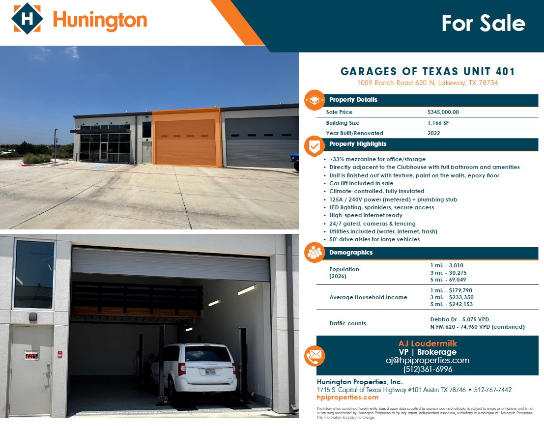 1009 Ranch Road 620 North, Unit 401 Lakeway, TX 78734 - Photo 2 of 15 A well-lit garage features a car lift and ample space, ideal for vehicle storage or a compact workshop.