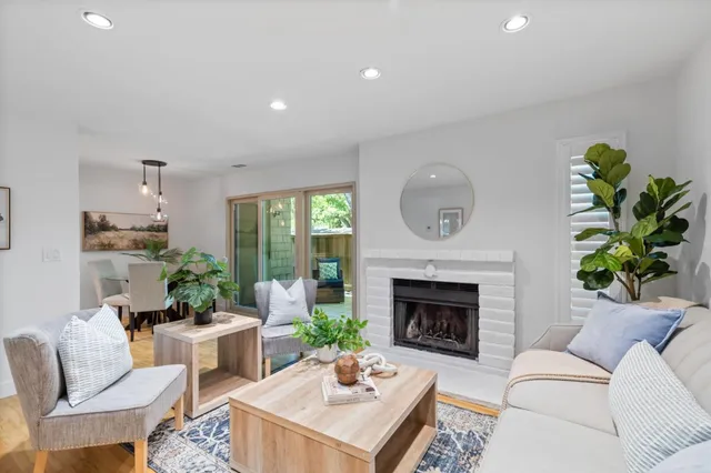 a living room with furniture a fireplace and a potted plant