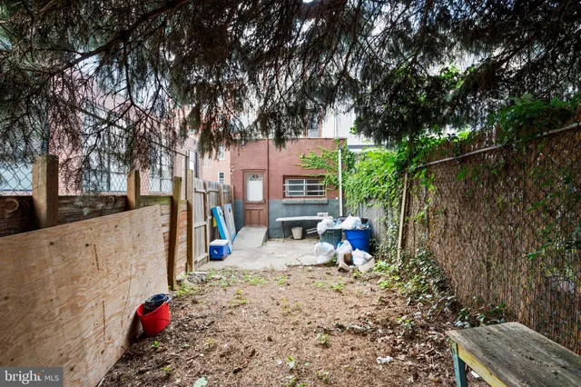 a view of a park with large trees and a wooden fence