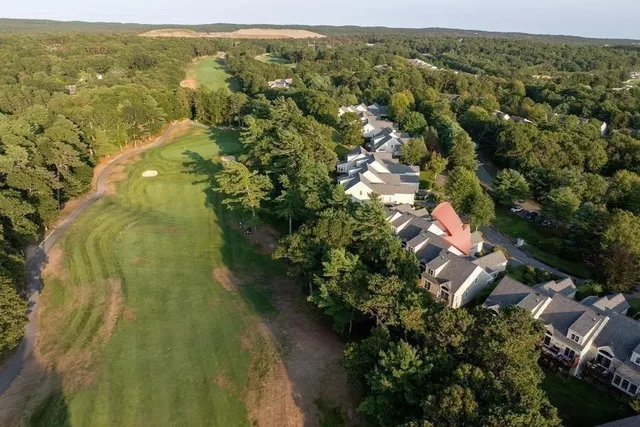 an aerial view of residential houses with outdoor space and trees