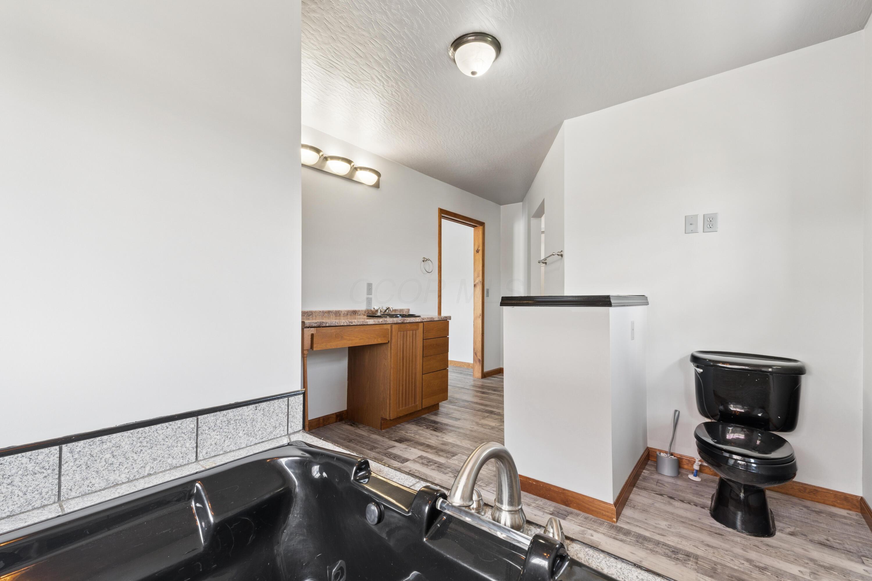 18964 London Road Circleville, OH 43113 - Photo 44 of 57 Whirlpool tub with chrome fixtures, wood-finish flooring, wood vanity with integrated sink, and overhead light fixture