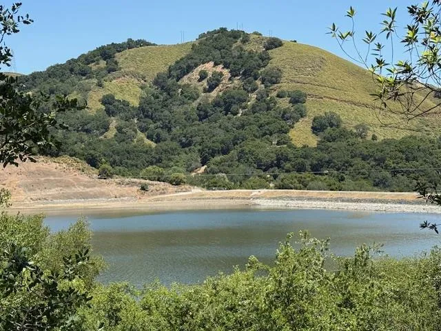a view of a lake with a mountain in the background