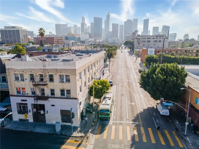 a city view with tall buildings