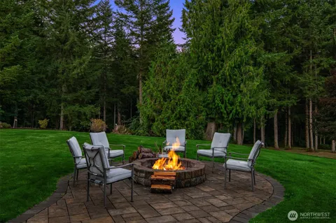 a garden view with a seating space