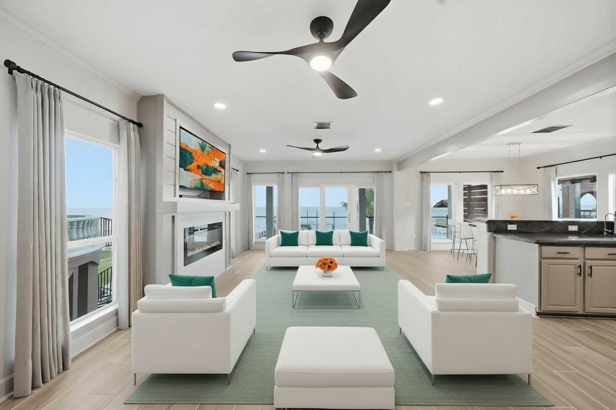 1918 Todville Road Seabrook, TX 77586 - Photo 12 of 41 The open-concept second level seamlessly combines the living, dining, and kitchen areas, all oriented to showcase wide-open bay vistas through expansive glass doors and picture windows.