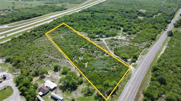 a view of a green yard with large trees