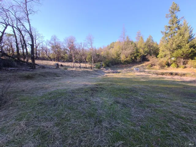 a view of dirt yard with a house