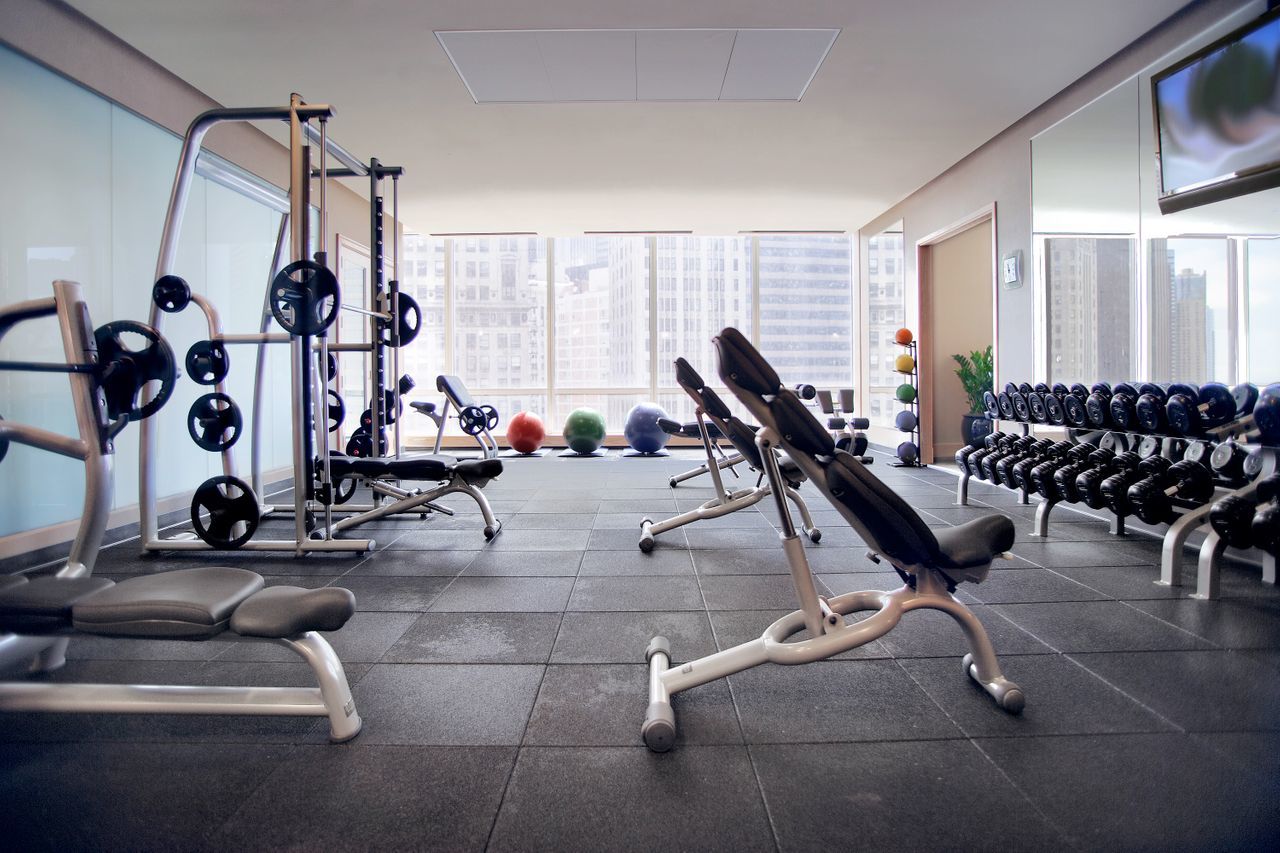 401 North Wabash Avenue, Unit 30I Chicago, IL 60611 - Photo 29 of 49 a room with gym equipment and large mirror