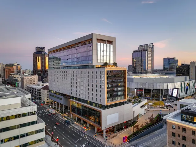 an aerial view of a building with entryway